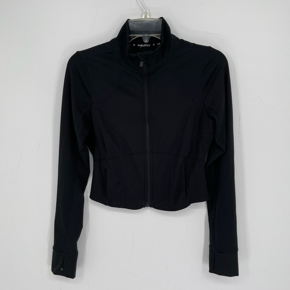 Fabletics Women's Black Full Zip Cropped Thumbhole Active Athletic Jacket Size S